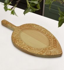BK Gift Retro Motif Tasarımlı Yaprak Şeklinde Doğal Ahşap Servis ve Sunum Tabağı Model 9