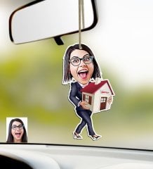 Kişiye Özel Bayan Gayrimenkul Danışmanı Karikatürlü Ahşap Araba Dikiz Ayna Süsü