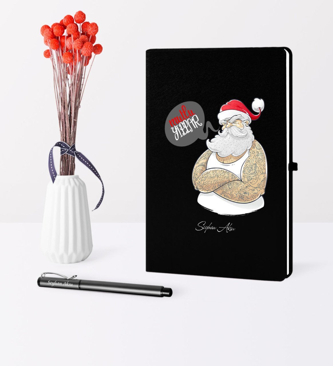 Kişiye Özel Yılbaşı Noel Baba Temalı Siyah Defter Kalem Seti - 4