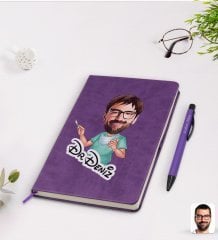 Kişiye Özel Erkek Cerrah Karikatürlü Mor Termo Deri Defter Kalem Seti Model 1