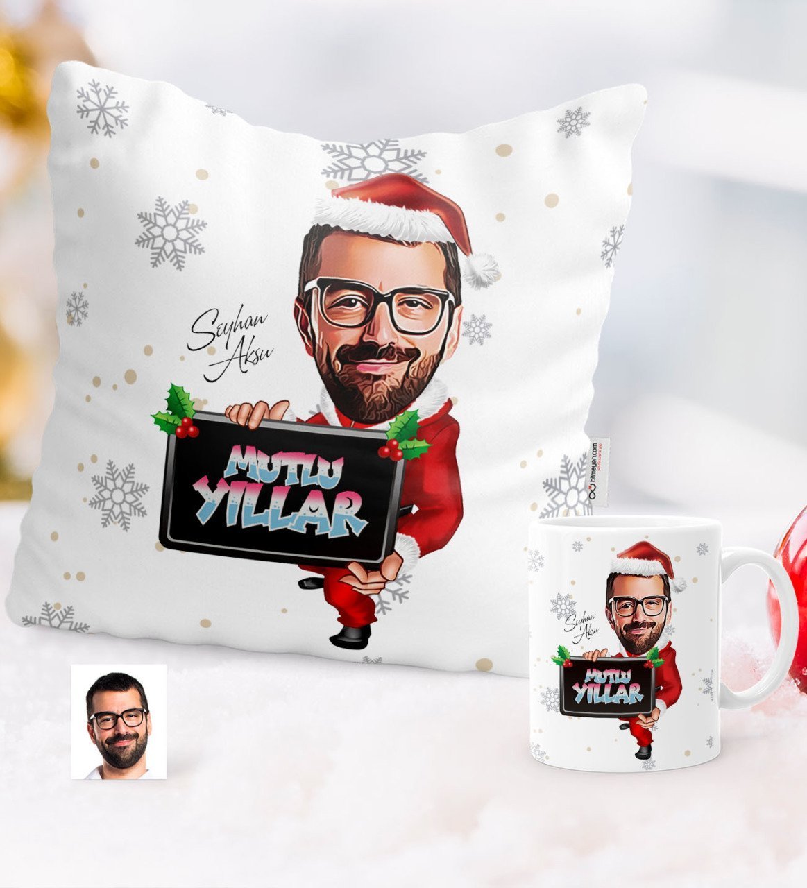 Kişiye Özel Yılbaşı Temalı Bay Karikatürlü Yastık Kupa Seti - 1