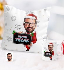 Kişiye Özel Yılbaşı Temalı Bay Karikatürlü Yastık Kupa Seti - 1