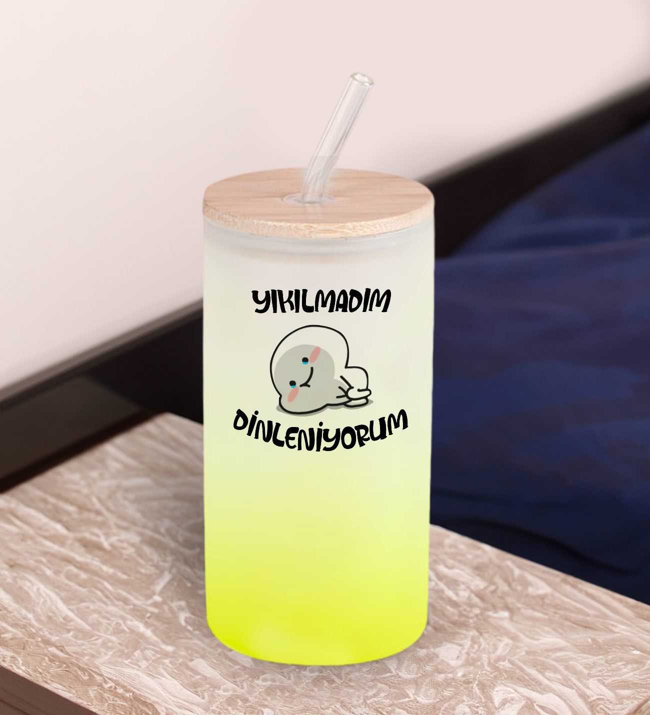 BK Gift Esprili Tasarım Sarı Renk Pipetli Buzlu Cam Bardak 600ml - 12, Arkadaşa Hediye, Doğum Günü Hediyesi