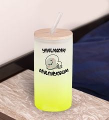 BK Gift Esprili Tasarım Sarı Renk Pipetli Buzlu Cam Bardak 600ml - 12, Arkadaşa Hediye, Doğum Günü Hediyesi