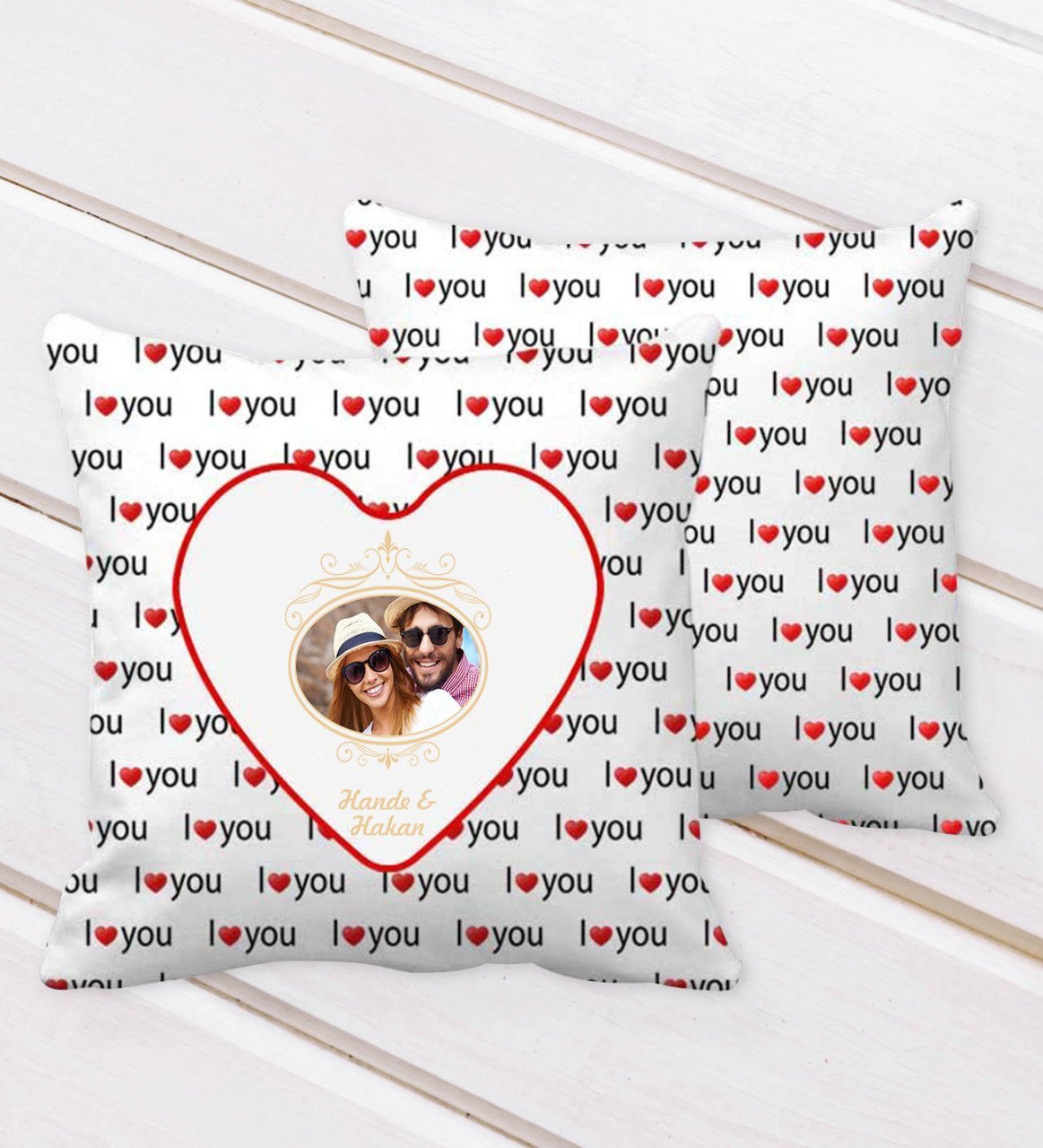 Kişiye Özel İsimli Fotoğraflı I Love You Kalp Desenli Dekoratif Kırlent Yastık-3