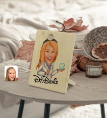 Kişiye Özel İsimli Kadın Diş Hekimi Karikatürlü Dekoratif Ahşap Çerçeve Model 1