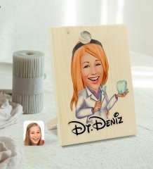 Kişiye Özel İsimli Kadın Diş Hekimi Karikatürlü Dekoratif Ahşap Çerçeve Model 1