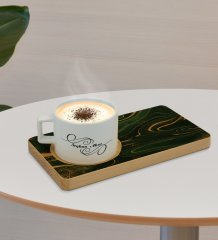 Kişiye Özel Mermer Tasarımlı Doğal Ahşap Tabaklı Seramik Fincan Sunum Seti  Model 4