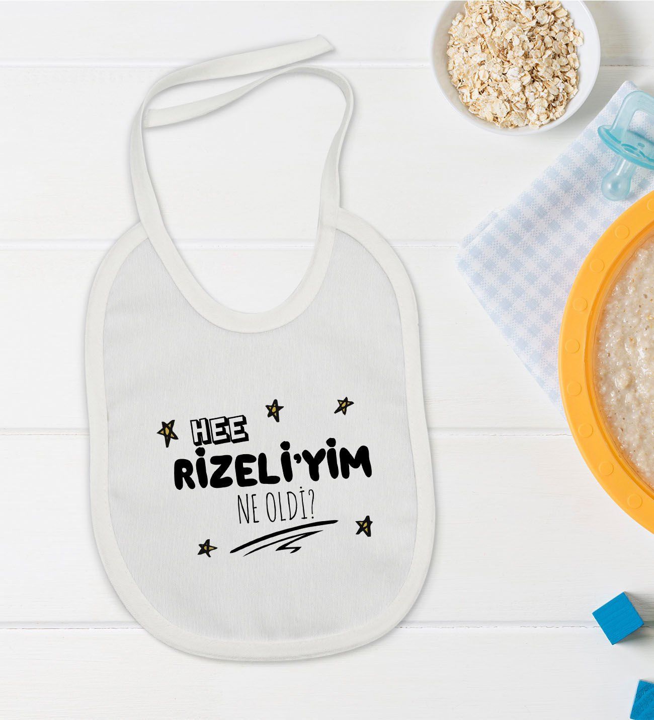 BK Kids Rizeliyim Ne Oldi Tasarımlı Beyaz Bebek Mama Önlüğü-1
