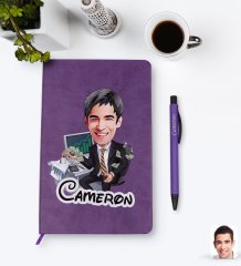 Kişiye Özel Erkek Bankacı Karikatürlü Mor Termo Deri Defter Kalem Seti Model 3