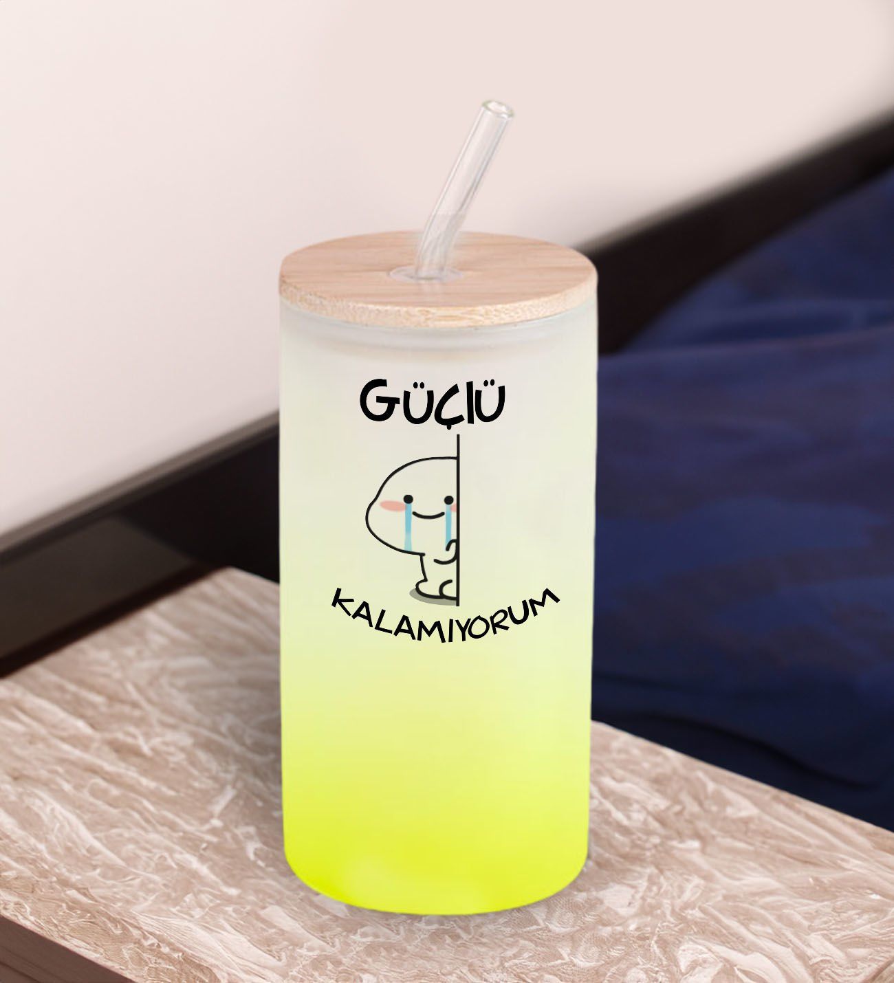 BK Gift Esprili Tasarım Sarı Renk Pipetli Buzlu Cam Bardak 600ml - 11, Arkadaşa Hediye, Doğum Günü Hediyesi