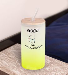 BK Gift Esprili Tasarım Sarı Renk Pipetli Buzlu Cam Bardak 600ml - 11, Arkadaşa Hediye, Doğum Günü Hediyesi
