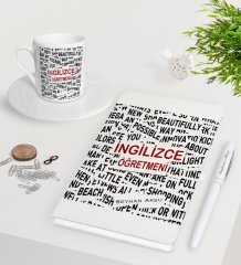 Kişiye Özel İngilizce Öğretmeni Beyaz Defter Kalem Türk Kahvesi Fincanı Seti-3