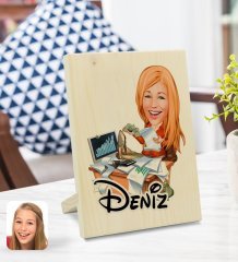 Kişiye Özel İsimli Kadın Bankacı Karikatürlü Dekoratif Ahşap Çerçeve Model 1