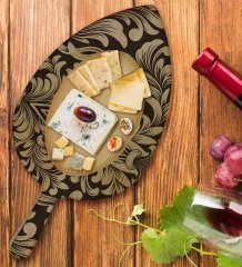 BK Gift Retro Motif Tasarımlı Yaprak Şeklinde Doğal Ahşap Servis ve Sunum Tabağı Model 6