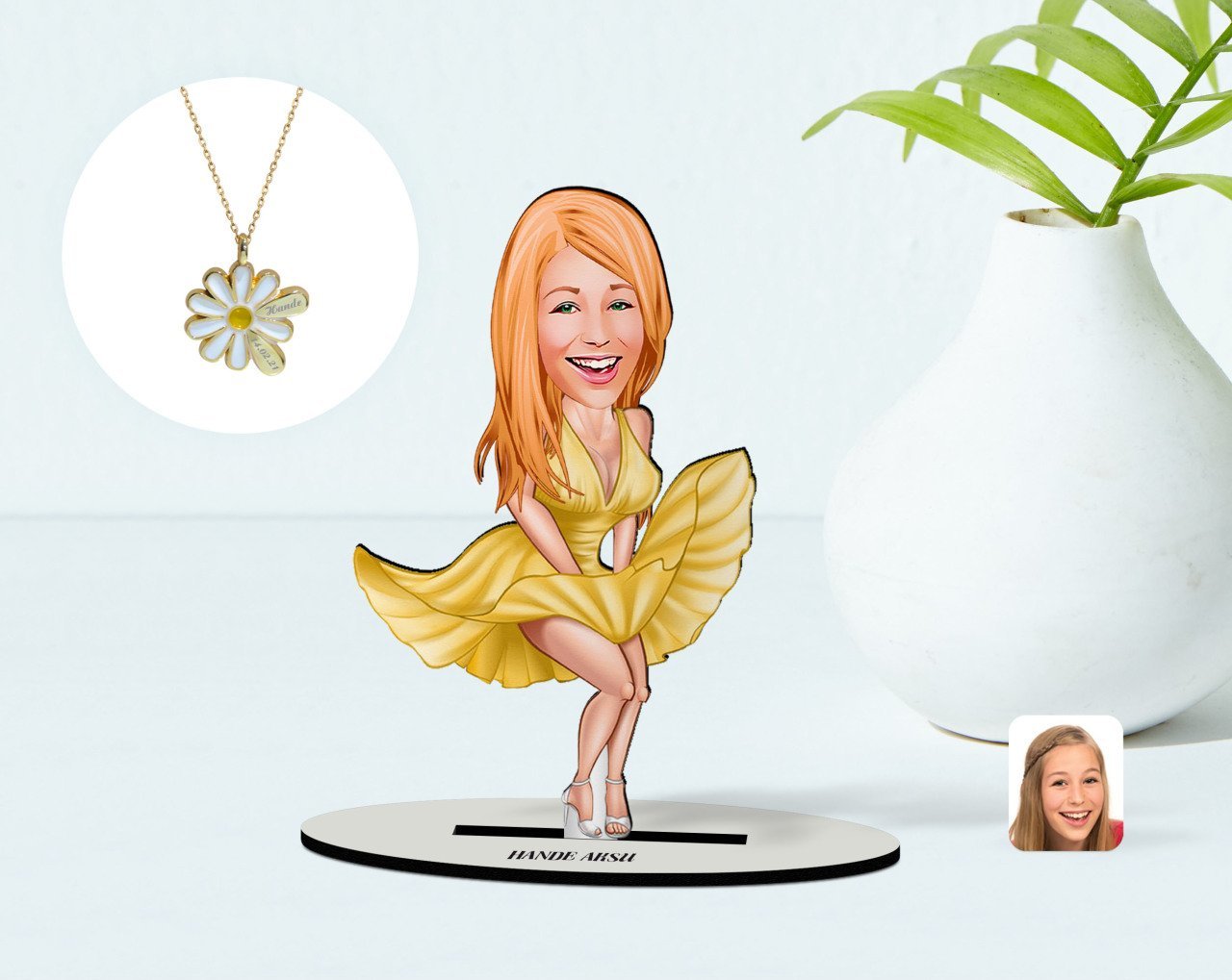 Kişiye Özel Marilyn Monroe Karikatürlü 3D Ahşap Biblo ve İsimli Tarihli Papatya Kolye Seti