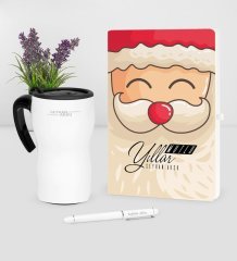 Kişiye Özel Yılbaşı Noel Baba Temalı Beyaz Defter Kalem Termos Mug Seti - 6