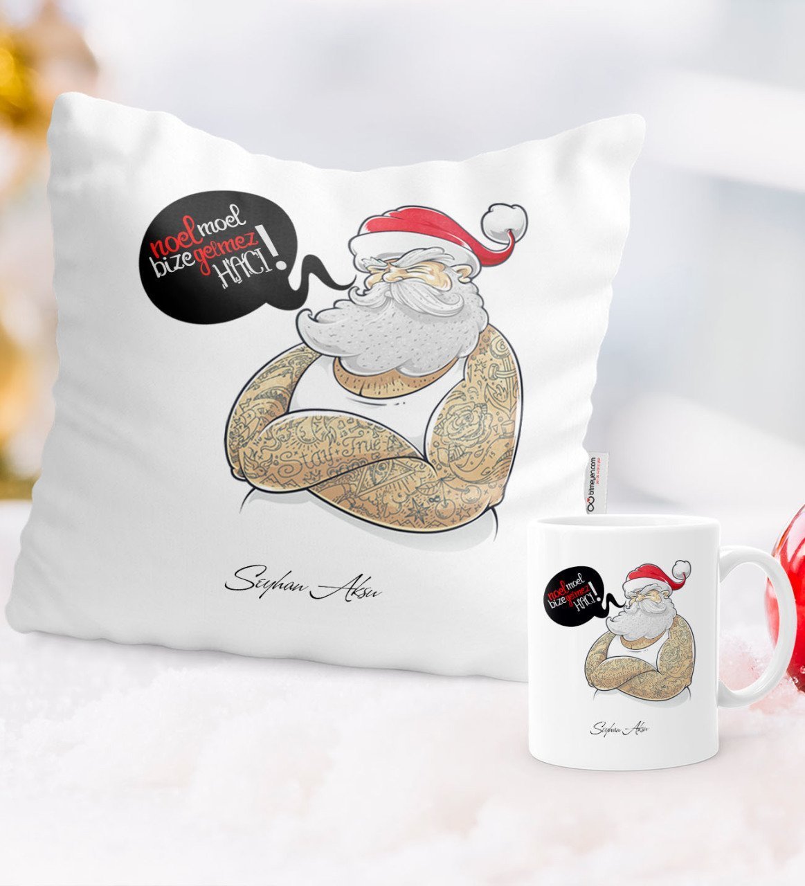 Kişiye Özel Yılbaşı Noel Baba Temalı Yastık Kupa Seti - 4
