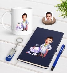 Kişiye Özel Erkek Eczacı Karikatürlü Lacivert Defter Kalem Kupa 32gb USB Bellek Hediye Seti-3