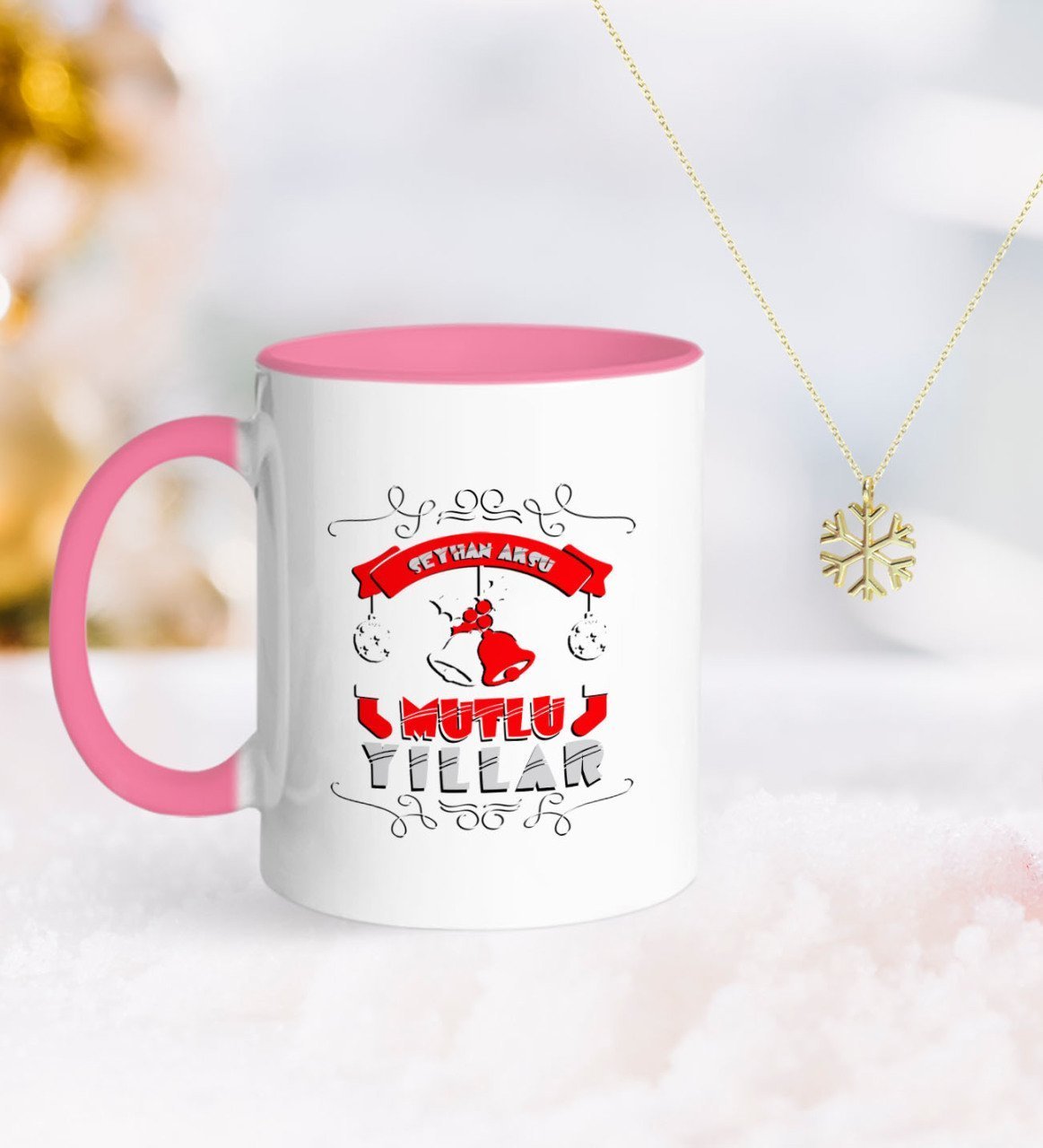 Kişiye Özel Yılbaşı Mutlu Yıllar Pembe Kupa ve Kar Tanesi Kolye-7