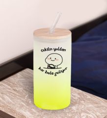 BK Gift Esprili Tasarım Sarı Renk Pipetli Buzlu Cam Bardak 600ml - 10, Arkadaşa Hediye, Doğum Günü Hediyesi