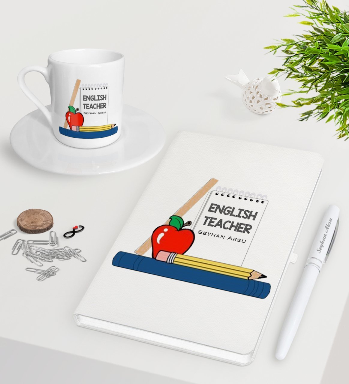 Kişiye Özel İngilizce Öğretmeni Beyaz Defter Kalem Türk Kahvesi Fincanı Seti-2