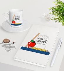Kişiye Özel İngilizce Öğretmeni Beyaz Defter Kalem Türk Kahvesi Fincanı Seti-2