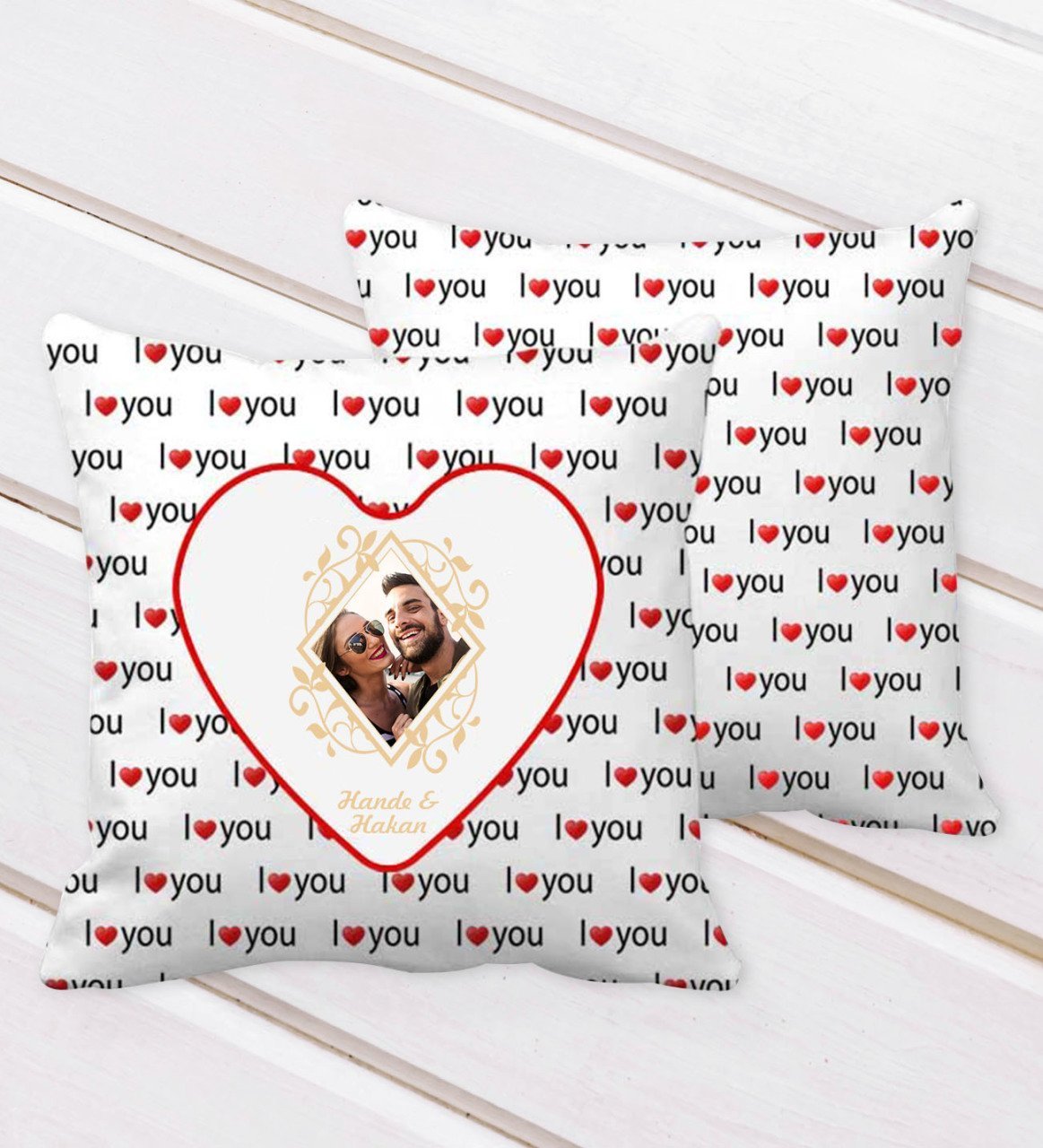 Kişiye Özel İsimli Fotoğraflı I Love You Kalp Desenli Dekoratif Kırlent Yastık-1