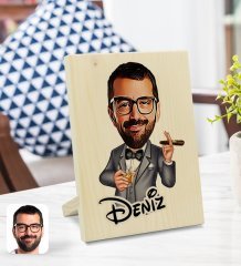 Kişiye Özel İsimli Erkek Patron Karikatürlü Dekoratif Ahşap Çerçeve Model 3