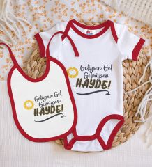 BK Kids Geliysen Gel Tasarımlı Kırmızı Bebek Body Zıbın ve Mama Önlüğü Hediye Seti-1