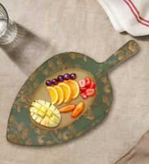 BK Gift Retro Motif Tasarımlı Yaprak Şeklinde Doğal Ahşap Servis ve Sunum Tabağı Model 5