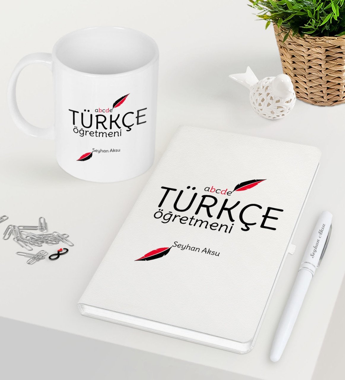 Kişiye Özel Türkçe Öğretmeni Beyaz Defter Kalem Kupa Seti-2