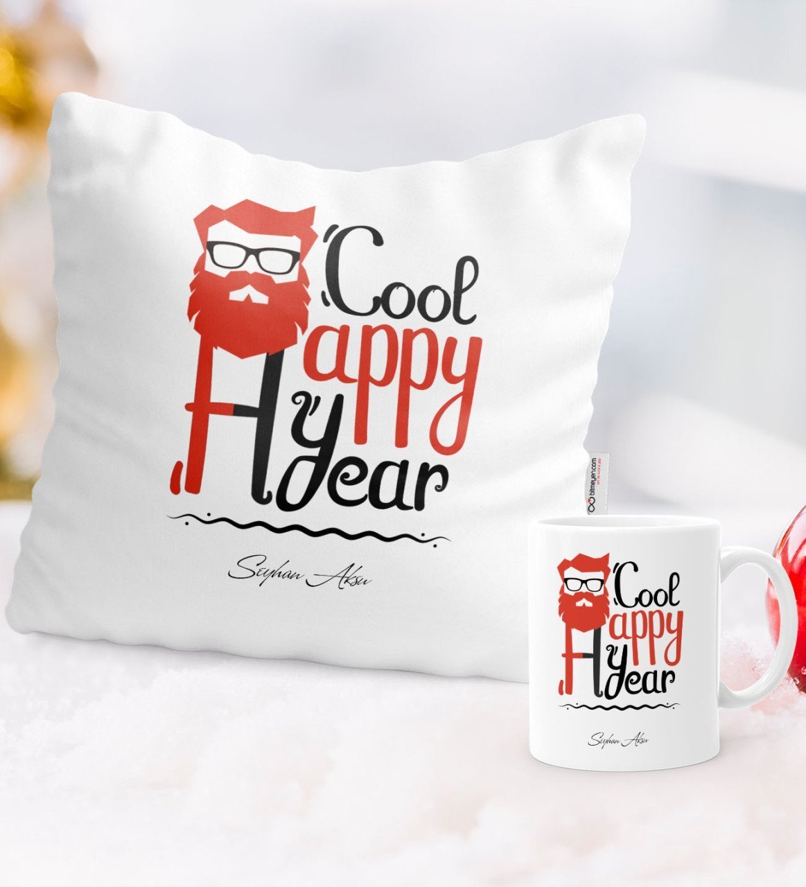Kişiye Özel Yılbaşı Noel Baba Temalı Yastık Kupa Seti - 3