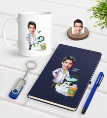 Kişiye Özel Erkek Eczacı Karikatürlü Lacivert Defter Kalem Kupa 32gb USB Bellek Hediye Seti-2