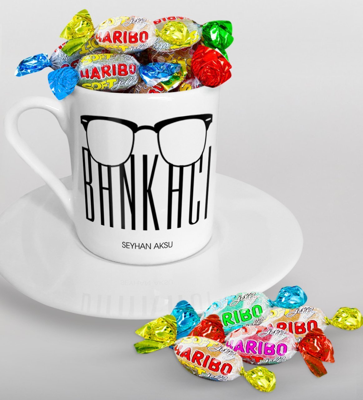 Kişiye Özel Bankacı Türk Kahvesi Fincanı ve Haribo Şeker Hediye Seti-10