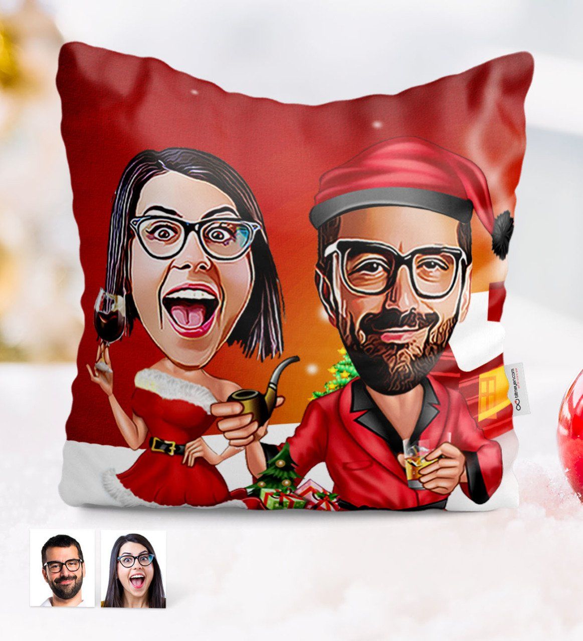 Kişiye Özel Yılbaşı Temalı Sevgililer Karikatürlü Yastık - 5