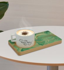 Kişiye Özel Mermer Tasarımlı Doğal Ahşap Tabaklı Seramik Fincan Sunum Seti  Model 1