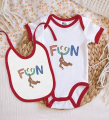 BK Kids Fun Tasarımlı Kırmızı Bebek Body Zıbın ve Mama Önlüğü Hediye Seti-1
