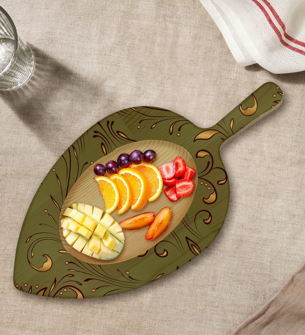 BK Gift Retro Motif Tasarımlı Yaprak Şeklinde Doğal Ahşap Servis ve Sunum Tabağı Model 4