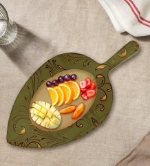 BK Gift Retro Motif Tasarımlı Yaprak Şeklinde Doğal Ahşap Servis ve Sunum Tabağı Model 4