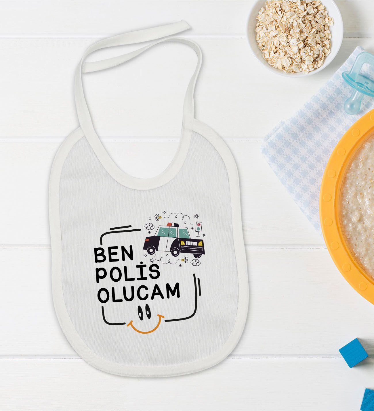 BK Kids Polis Olucam Tasarımlı Beyaz Bebek Mama Önlüğü-1