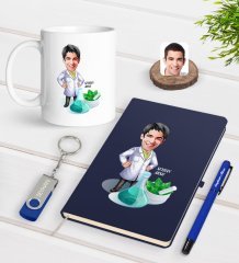 Kişiye Özel Erkek Eczacı Karikatürlü Lacivert Defter Kalem Kupa 32gb USB Bellek Hediye Seti-1
