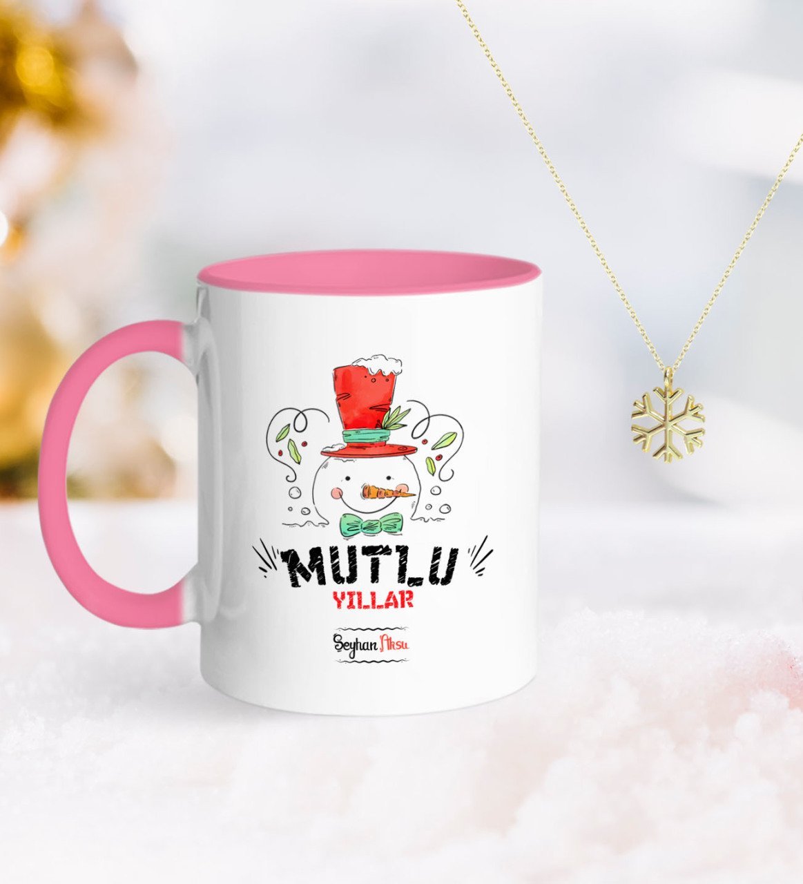 Kişiye Özel Yılbaşı Mutlu Yıllar Pembe Kupa ve Kar Tanesi Kolye-5