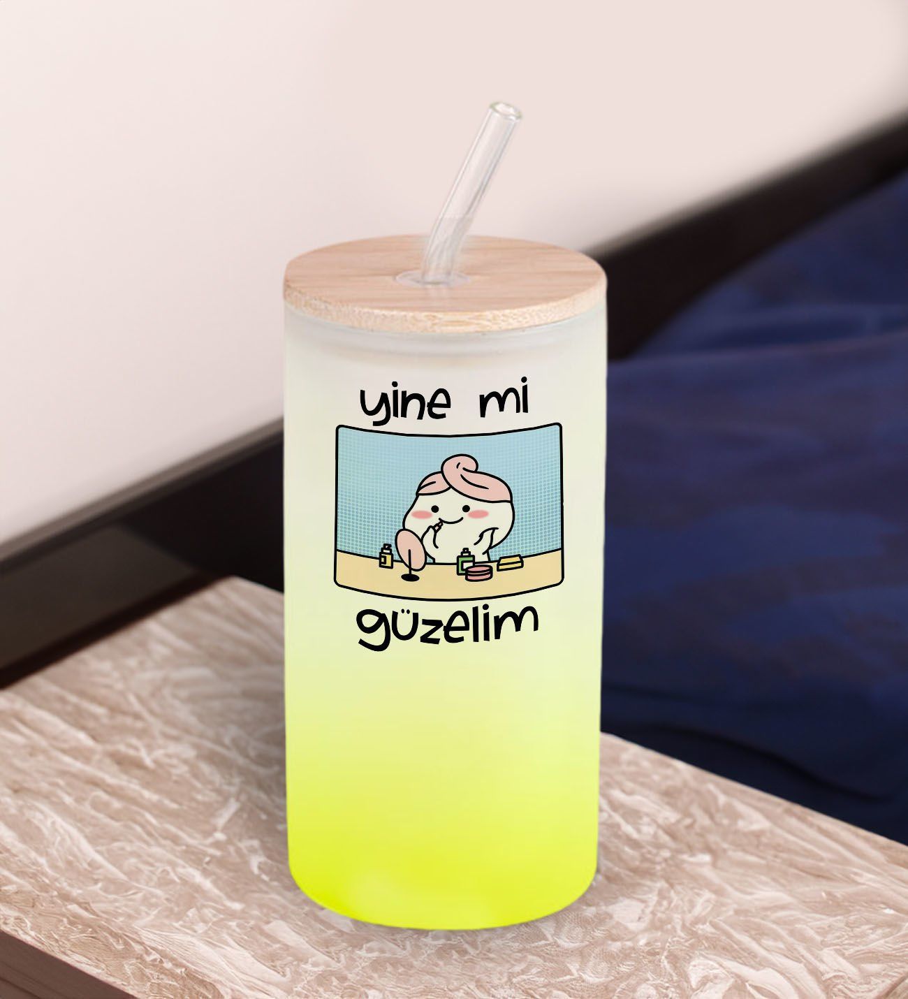 BK Gift Esprili Tasarım Sarı Renk Pipetli Buzlu Cam Bardak 600ml - 8, Arkadaşa Hediye, Doğum Günü Hediyesi