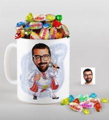 Kişiye Özel Elvis Presley Karikatürlü Kupa ve Haribo Fruitbons Şeker Hediye Seti