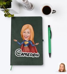 Kişiye Özel Süper Girl Karikatürlü Yeşil Termo Deri Defter Kalem Seti Model 1