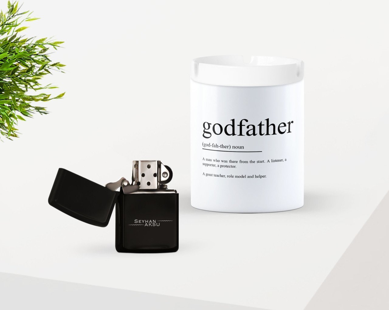 Kişiye Özel Babalar Günü Hediyesi Baba Godfather Tasarımlı Seramik Kül Tablası ve Benzinli Çakmak Seti-1