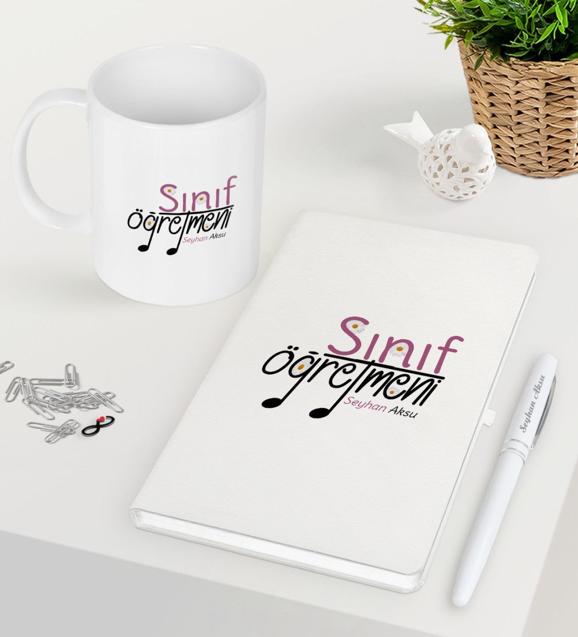 Kişiye Özel Sınıf Öğretmeni Beyaz Defter Kalem Kupa Seti-16