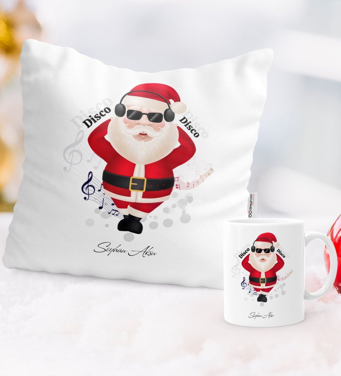 Kişiye Özel Yılbaşı Noel Baba Temalı Yastık Kupa Seti - 1