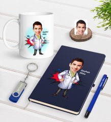 Kişiye Özel Erkek Doktor Karikatürlü Lacivert Defter Kalem Kupa 32gb USB Bellek Hediye Seti-2